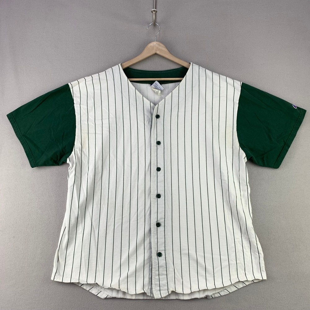 Vintage Champion Baseball Jersey Shirt Mens 3XL Green Pinstripe Button Front 90s